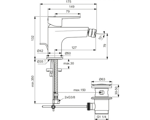 Technische Zeichnung einer Bidetarmatur mit Maßangaben