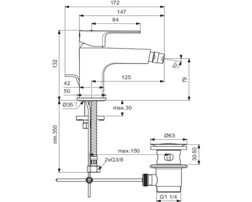 Technische Zeichnung einer Bidetarmatur mit Maßangaben