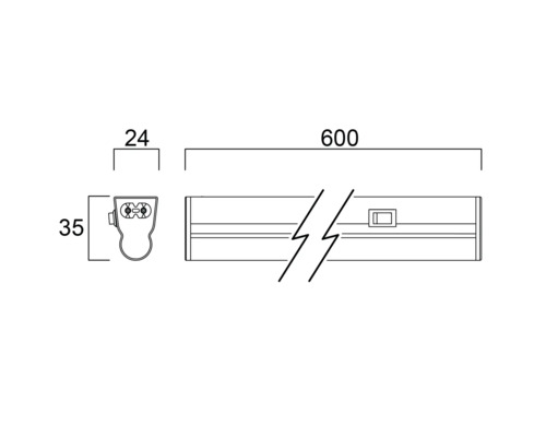 Technische Zeichnung einer LED-Unterbauleuchte mit Maßangaben