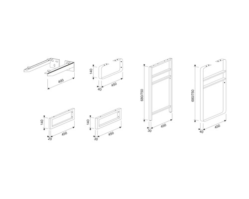 Technische Zeichnung von verschiedenen Handtuchhaltern mit Maßangaben