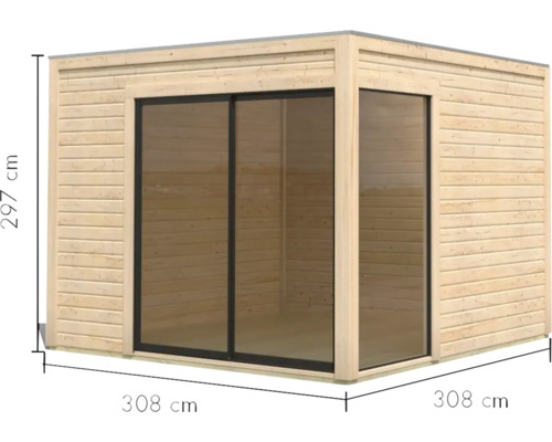Abri de jardin avec porte coulissante et dimensions 308 x 308 x 297 cm