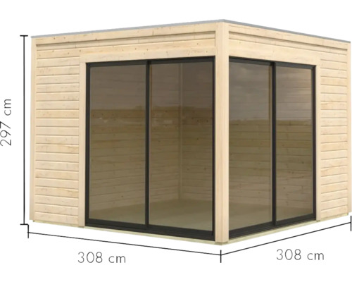 Abri de jardin en bois avec portes coulissantes en verre et indications de taille