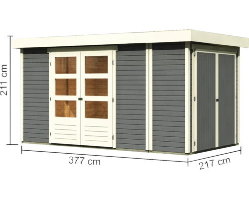 Gartenhaus aus Holz mit Doppeltür und den Maßen 211 cm Höhe, 377 cm Breite und 217 cm Tiefe.