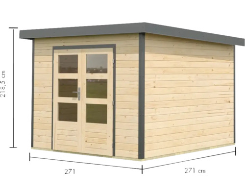 Abri de jardin en bois avec double porte et fenêtres, dimensions 271 x 271 x 218,5 cm