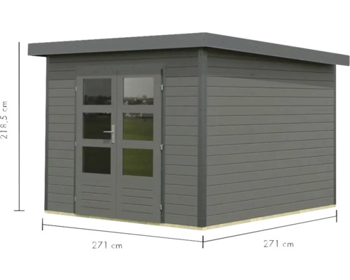 Abri de jardin en bois avec porte double et fenêtres, dimensions 271 cm x 271 cm x 218,5 cm