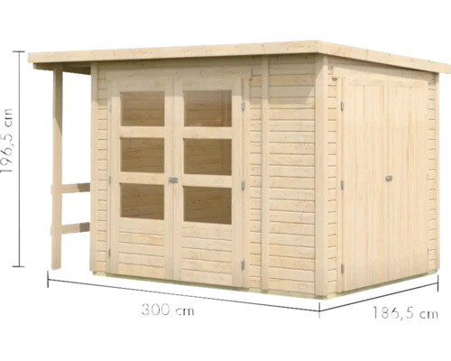 Abri de jardin en bois avec auvent, fenêtres et dimensions de 300 cm x 186,5 cm x 196,5 cm