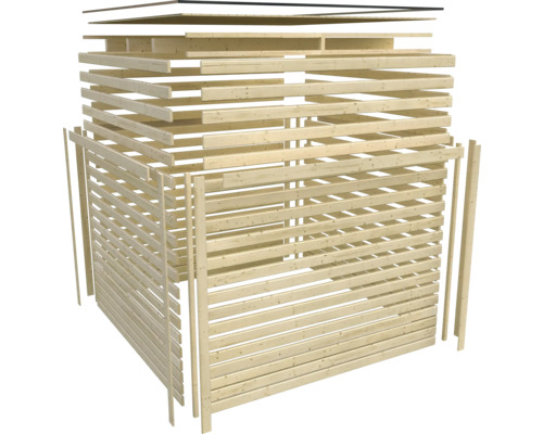 Représentation éclatée d''un abri de jardin en bois