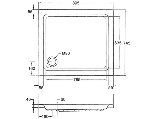Technische Zeichnung einer Duschwanne mit Maßangaben