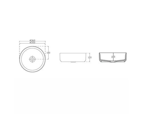 Technische Zeichnung eines runden Aufsatzwaschbeckens mit Maßangaben