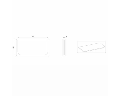 Technische Zeichnung einer Waschtischplatte mit Maßen.