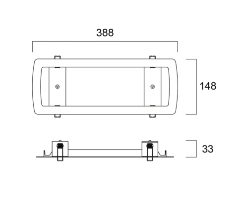 Schéma technique d''un luminaire avec des dimensions de 388, 148 et 33 millimètres