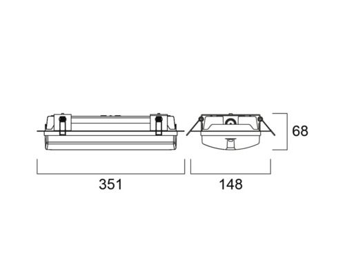 Schéma technique d''un luminaire LED pour pièces humides avec indications de dimensions