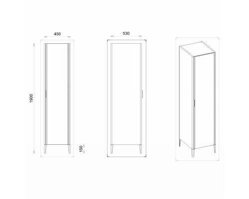 Schéma technique d''une armoire de salle de bains mesurant 450 x 530 x 1900 millimètres