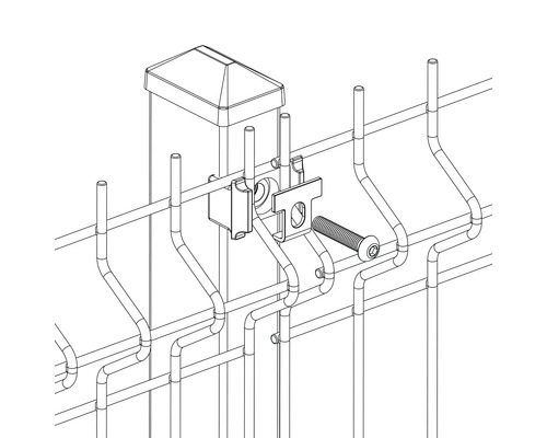 Illustration d''une clôture avec poteau, bride de fixation et vis