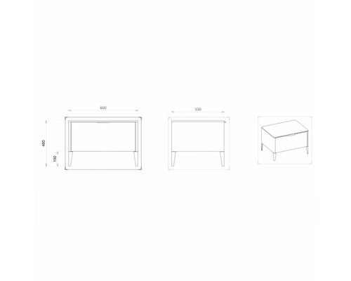 Dessin technique d''un meuble sous-vasque avec dimensions