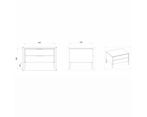 Dessin technique d''une table de chevet avec tiroirs et dimensions