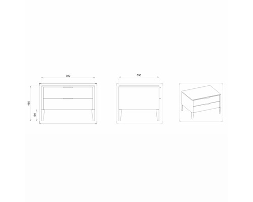 Dessin technique d''une table de chevet avec deux tiroirs et indications de dimensions