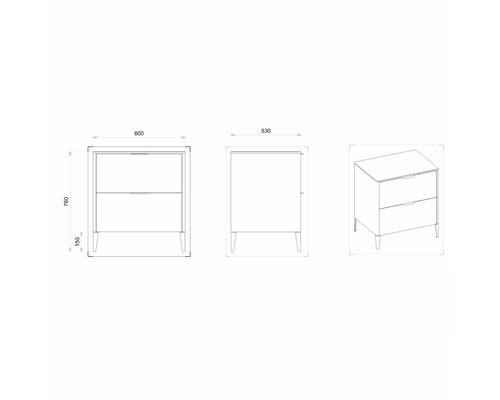 Dessin technique d''un meuble sous-lavabo avec deux tiroirs et dimensions.