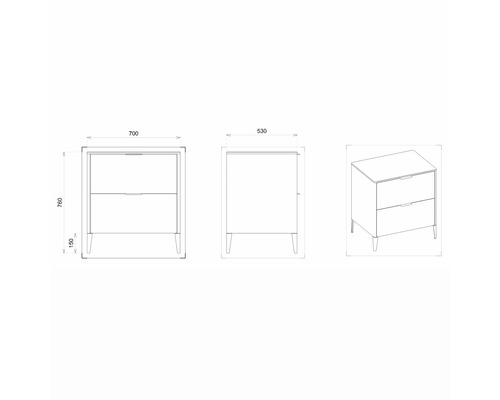 Dessin technique d''une table de chevet avec tiroirs et dimensions