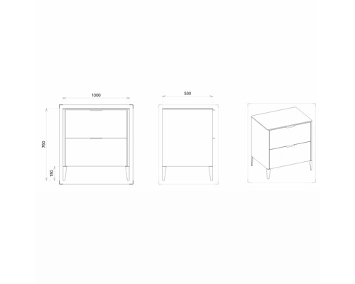 Technische Zeichnung eines Waschtischunterschranks mit Maßangaben