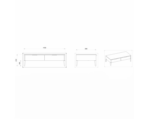 Dessin technique d''un meuble TV avec tiroirs et dimensions.