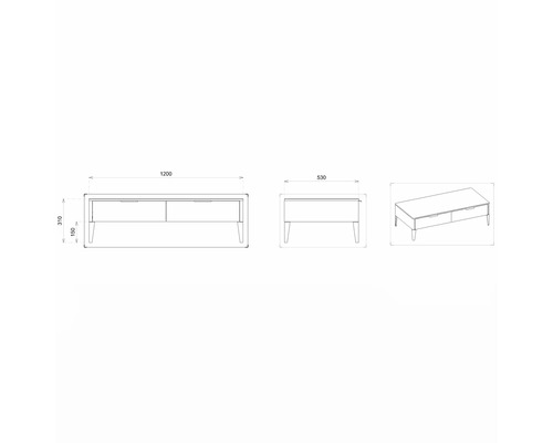 Dessin technique d''un meuble bas TV avec deux tiroirs et dimensions