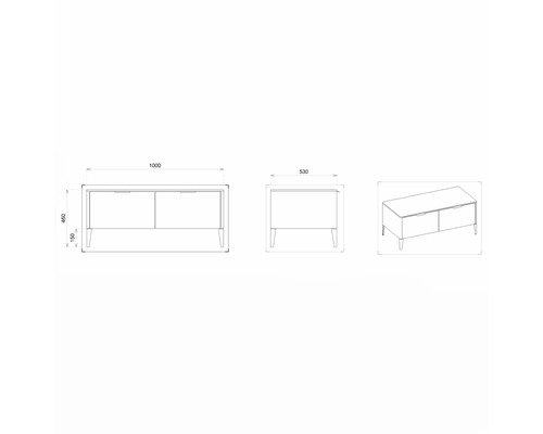 Dessin technique d''un meuble sous-vasque avec dimensions.