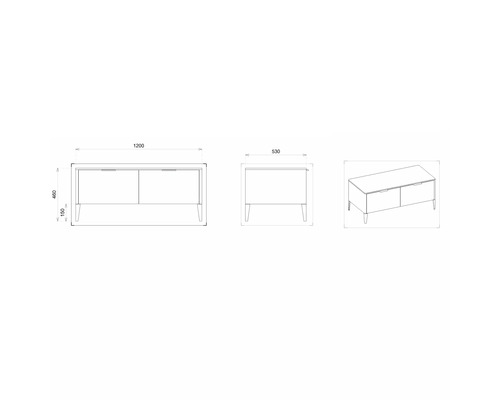 Dessin d''un buffet avec dimensions 1200 x 460 x 530 mm.