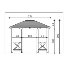 Dessin technique d''un pavillon avec indication de la largeur et de la hauteur.