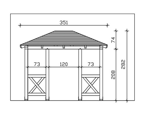 Dessin technique d''un pavillon avec indication de la largeur et de la hauteur.