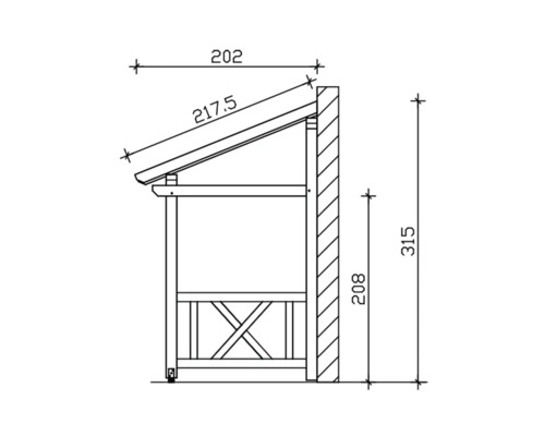 Dessin technique d''un abri à outils adossé avec dimensions