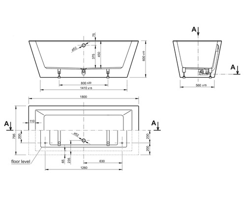 Schéma technique d''une baignoire avec indications de dimension