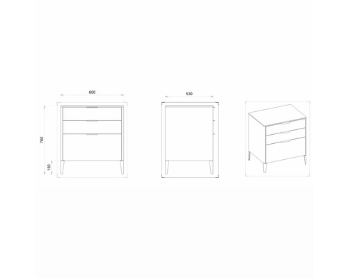 Technische Zeichnung eines Kommodenschranks mit drei Schubladen und Maßen.