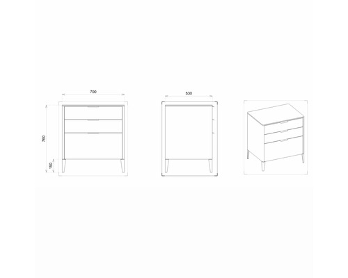 Dessin technique d''une armoire avec trois tiroirs et indications de dimensions.