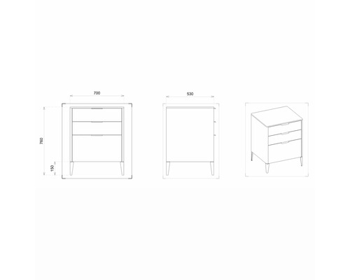 Technische Zeichnung eines Waschtischunterschranks mit drei Schubladen und Maßangaben.