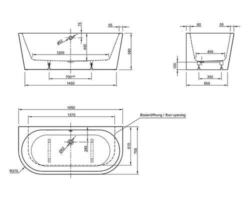 Schéma technique d''une baignoire avec dimensions