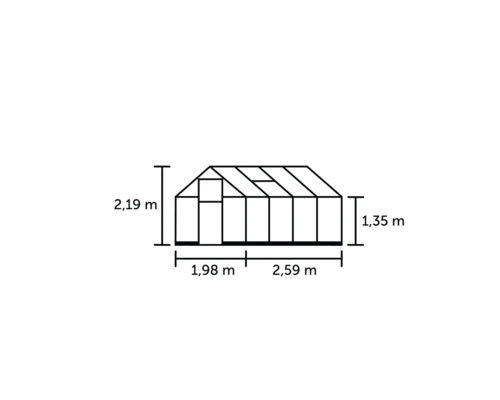 Abmessungen eines Gewächshauses mit einer Höhe von 2,19 Metern, einer Seitenhöhe von 1,35 Metern, einer Breite von 1,98 Metern und einer Länge von 2,59 Metern.