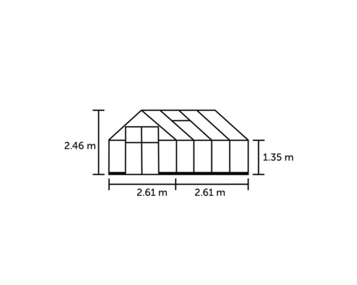 Dimensions d''une serre: 2,46 m de hauteur, 2,61 m de largeur et 1,35 m de hauteur latérale.