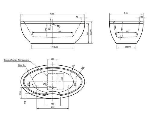 Schéma technique d''une baignoire avec indications de dimensions.