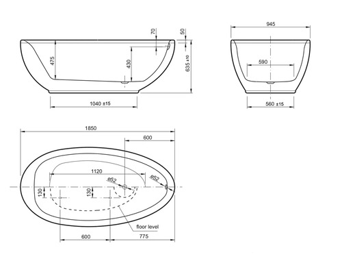 Technische Zeichnung einer Badewanne mit Maßangaben