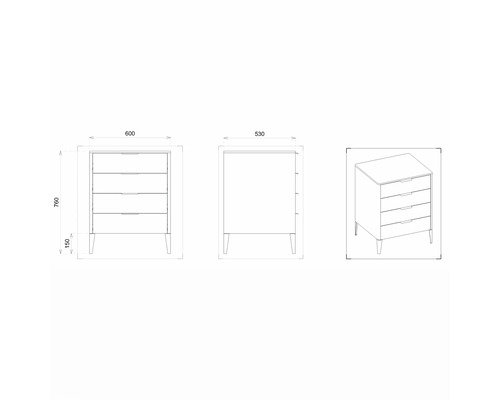 Dessin technique d''une commode avec cinq tiroirs et indications de dimensions.