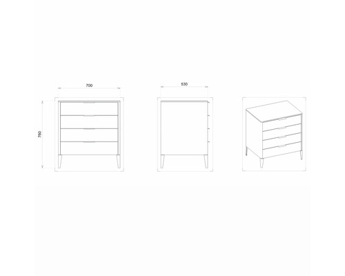 Schéma technique d''une commode avec quatre tiroirs et dimensions.