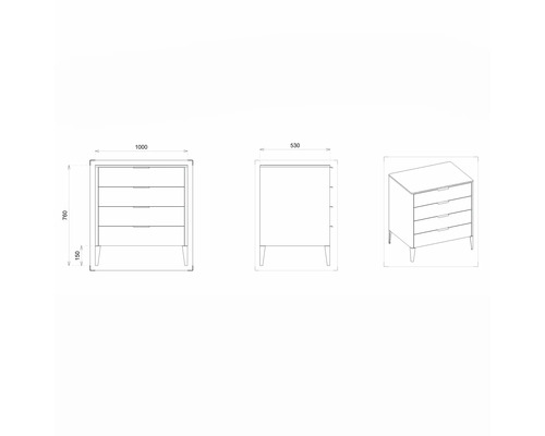 Zeichnung eines Schranks mit den Maßen 1000 x 530 x 760 mm