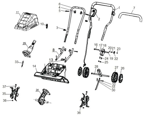 Explosionszeichnung eines Rasenmähers mit verschiedenen Einzelteilen
