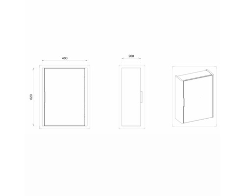 Technische Zeichnung eines Badezimmerschranks mit Abmessungen
