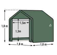 Illustration einer Lagerzelthalle mit den Maßen 1,8 Meter Höhe, 1,8 Meter Tiefe und 1,5 Meter Breite