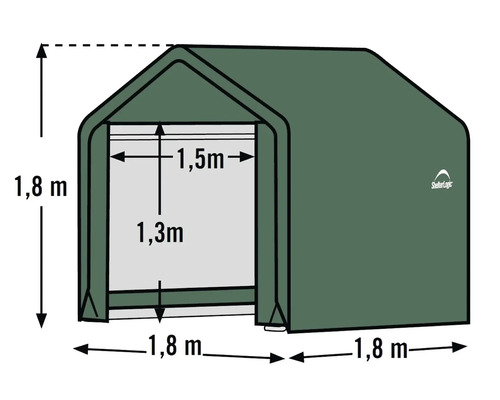 Illustration d''un hangar de stockage avec des dimensions de 1,8 mètre de hauteur, 1,8 mètre de profondeur et 1,5 mètre de largeur