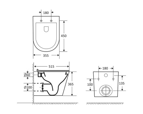 Schéma technique d''un WC suspendu avec dimensions