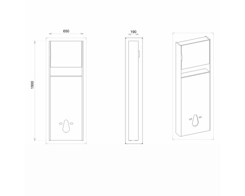 Dessin technique d''un réservoir de chasse d''eau avec les dimensions 650, 190 et 1900 millimètres.