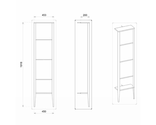Technische Zeichnung eines Regals mit den Maßen 1918 x 453 x 200 mm.